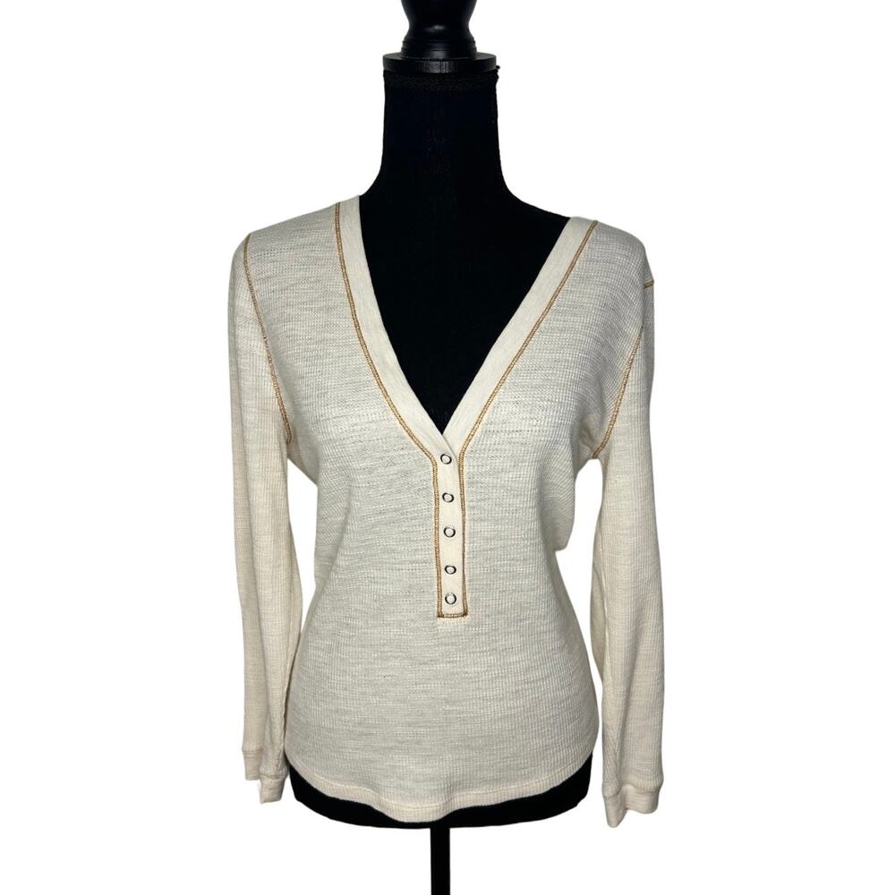 Veronica Beard Elma Ivory Ribbed V-Neck Henley Top | Size S